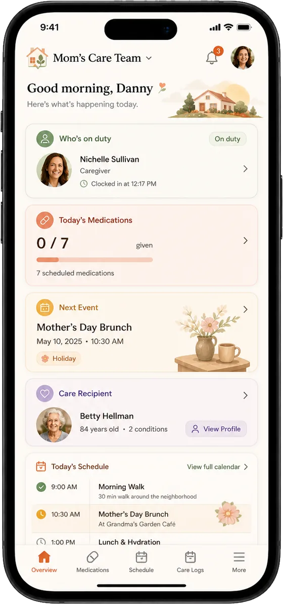 The Family Care Conductor app on a phone, showing who is on duty, today’s medications and the day’s schedule