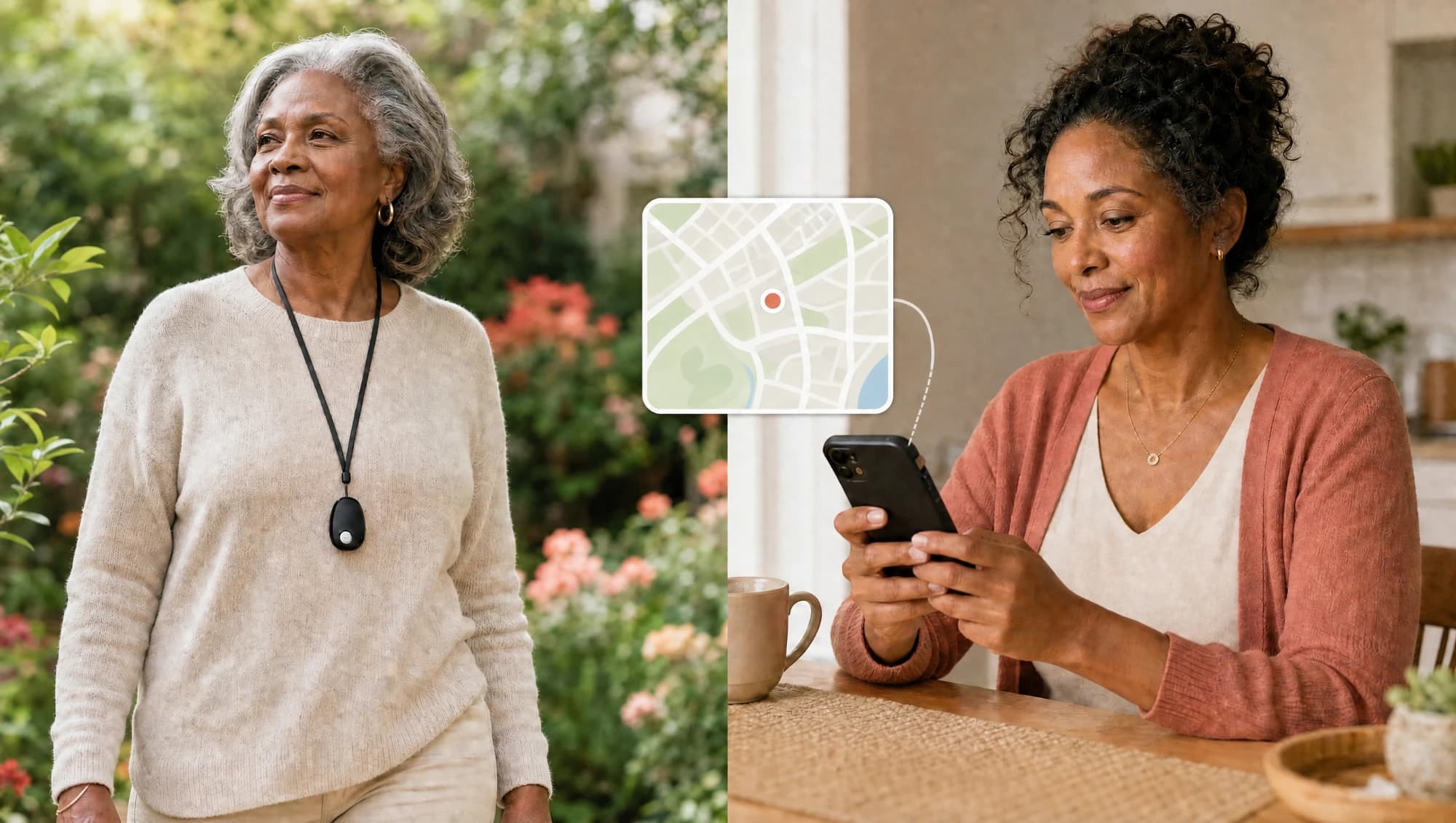 An older woman in a garden wearing the pendant tracker on a lanyard, and a family member at a table checking the location on her phone