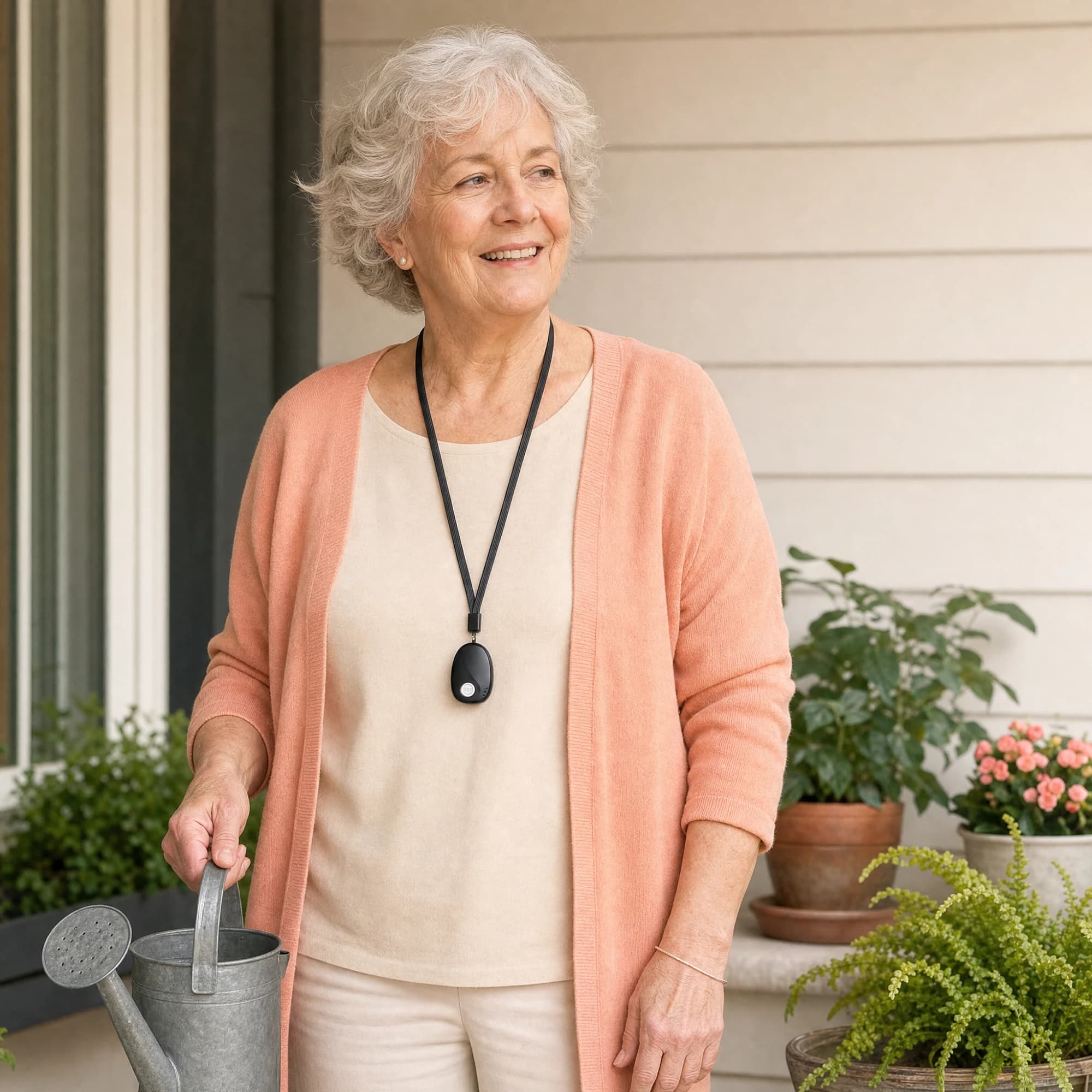 An older woman on a porch wearing the pendant tracker on a black lanyard, holding a watering can