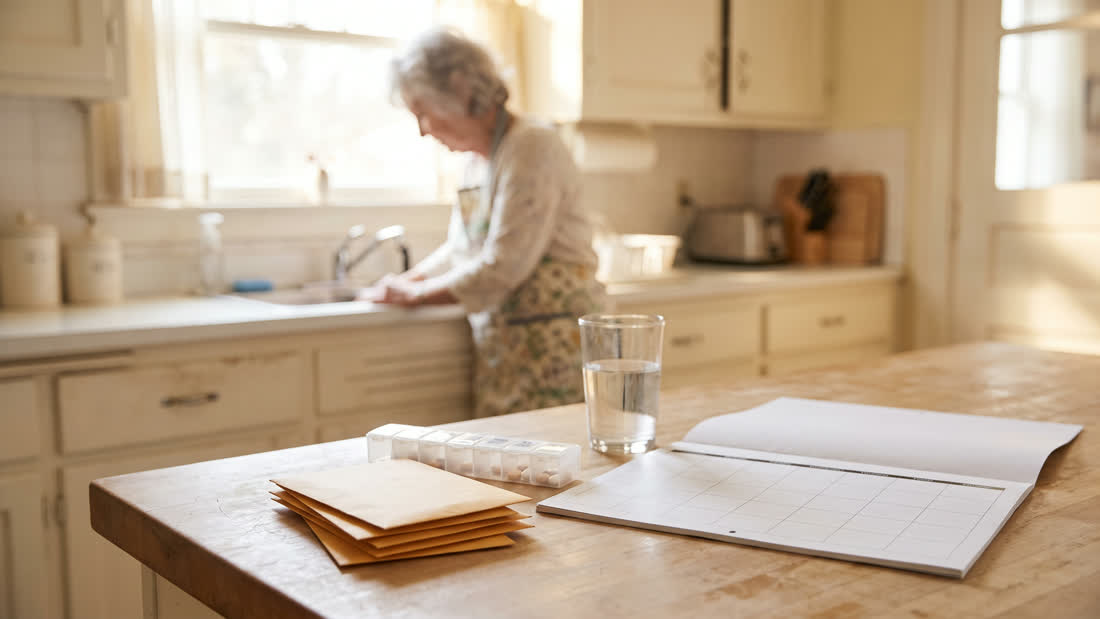 A kitchen counter with unopened mail, a partly full pill organizer and a blank calendar, with an elderly woman softly out of focus near the sink.
